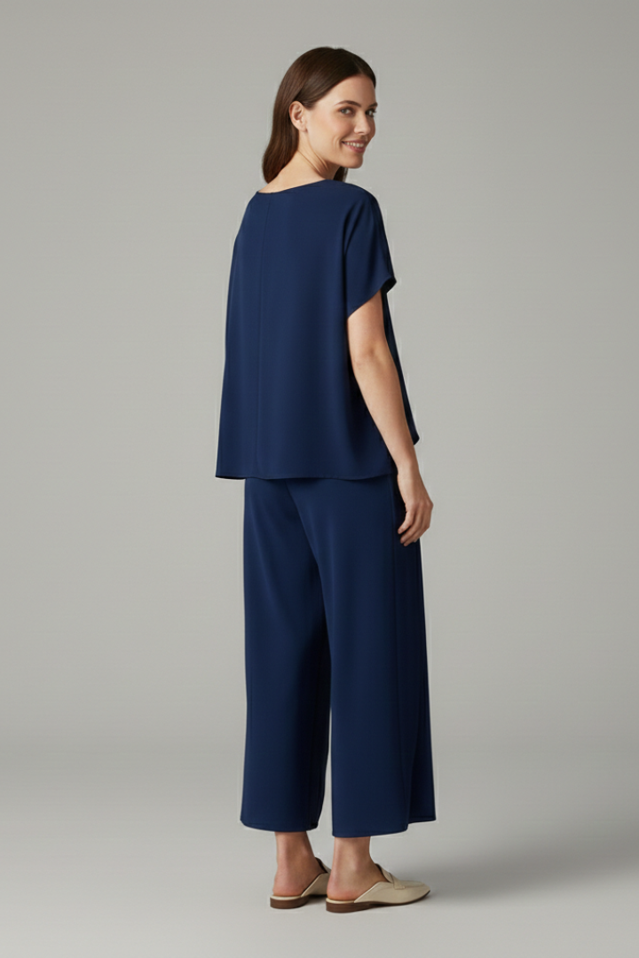 Women’s Two-Piece Set with Round Neck Top and Wide Trousers
