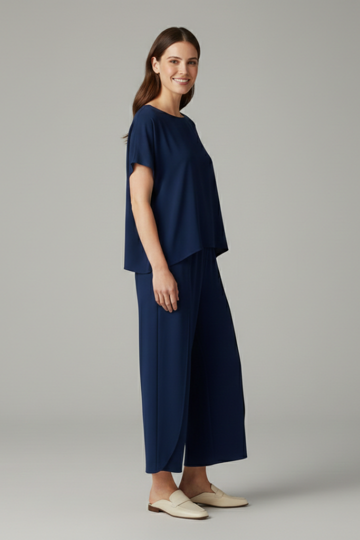 Women’s Two-Piece Set with Round Neck Top and Wide Trousers