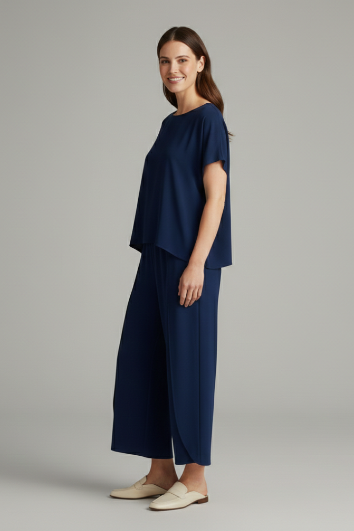 Women’s Two-Piece Set with Round Neck Top and Wide Trousers