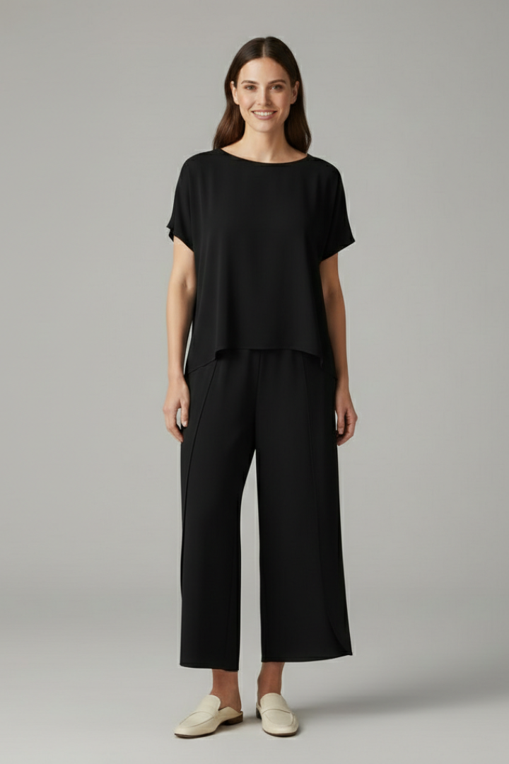 Women’s Two-Piece Set with Round Neck Top and Wide Trousers