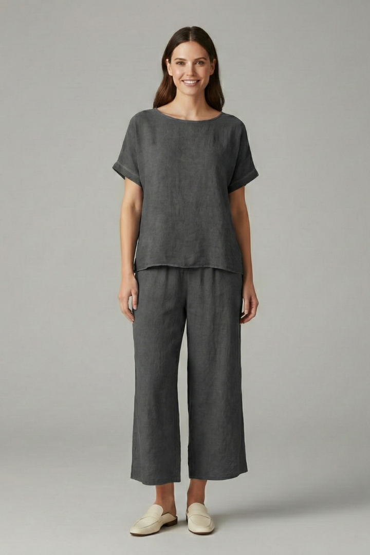 Women’s Two-Piece Set with Round Neck Top and Wide Trousers
