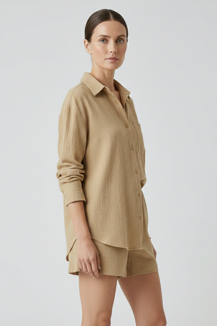 Women’s Two-Piece Set with Collared Shirt and Shorts