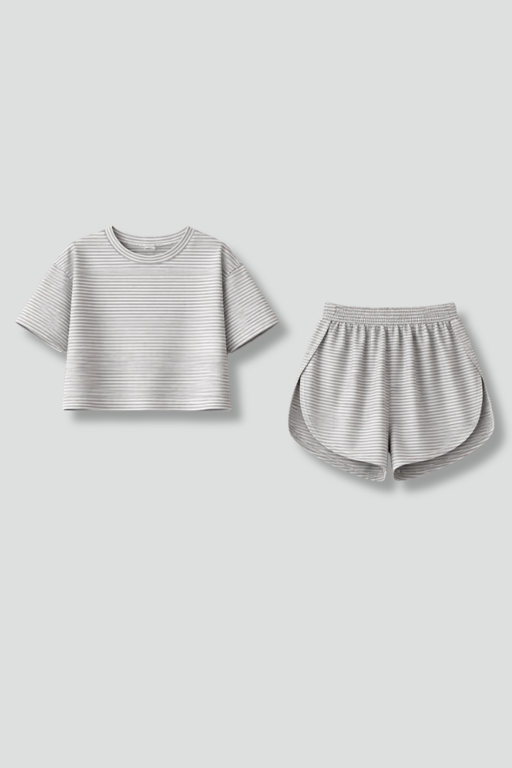 Women’s Two-Piece Set with Striped Surface and Elastic Waistband