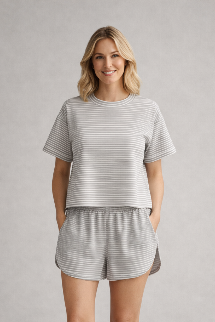 Women’s Two-Piece Set with Striped Surface and Elastic Waistband