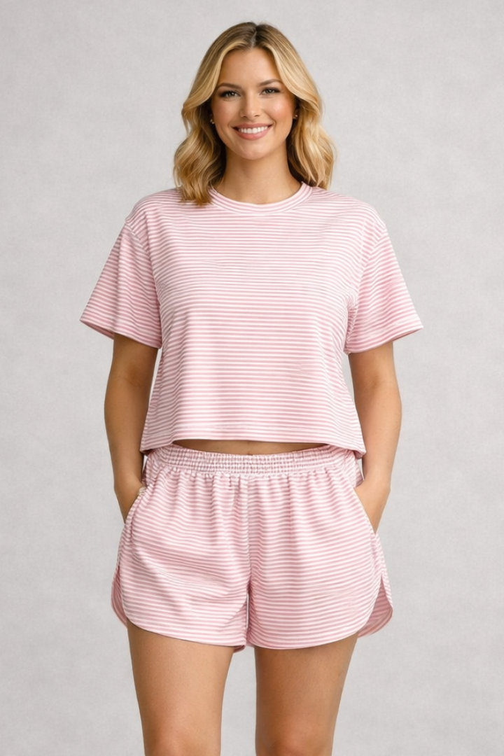 Women’s Two-Piece Set with Striped Surface and Elastic Waistband