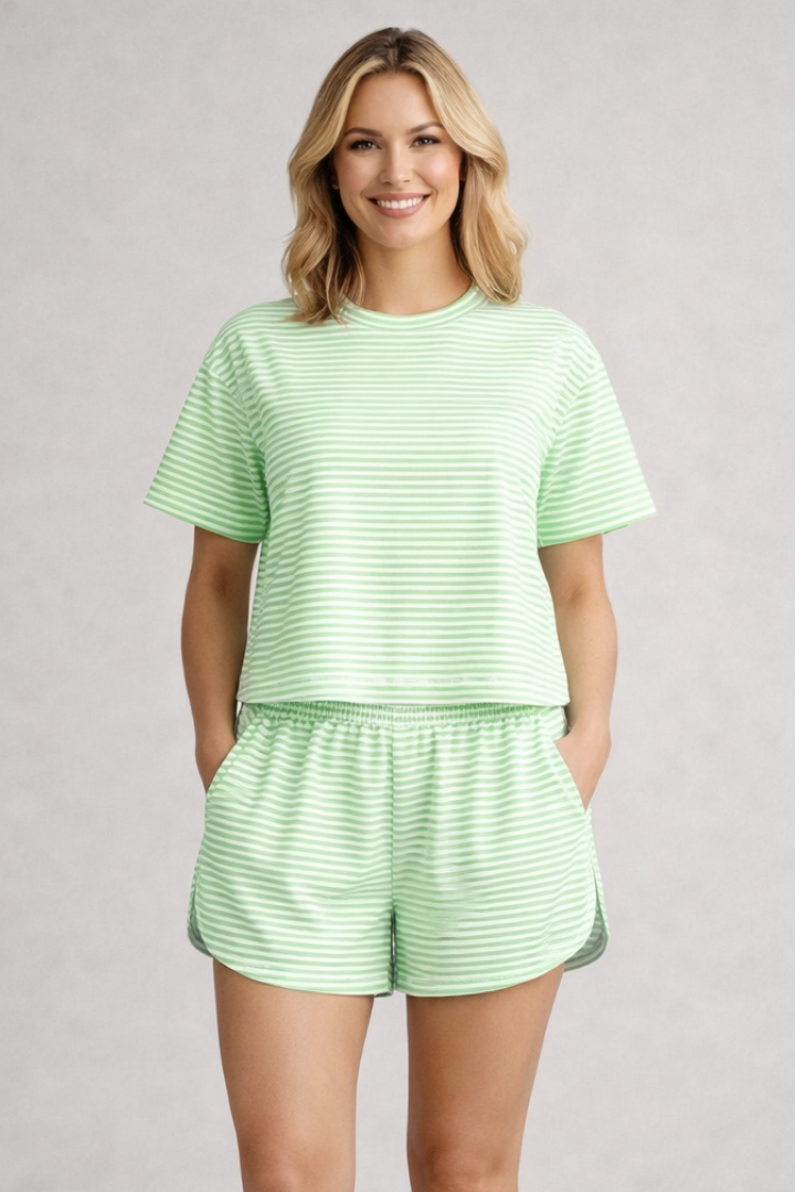 Women’s Two-Piece Set with Striped Surface and Elastic Waistband