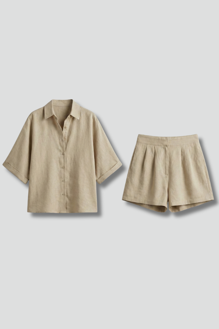 Women’s Two Piece Set with Collared Shirt and Shorts