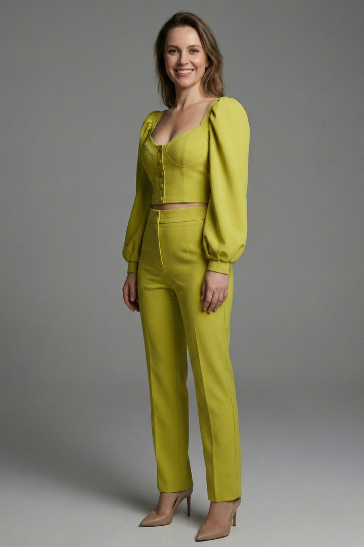 Women’s Two Piece Set with Puff Sleeve Top and Flared Trousers