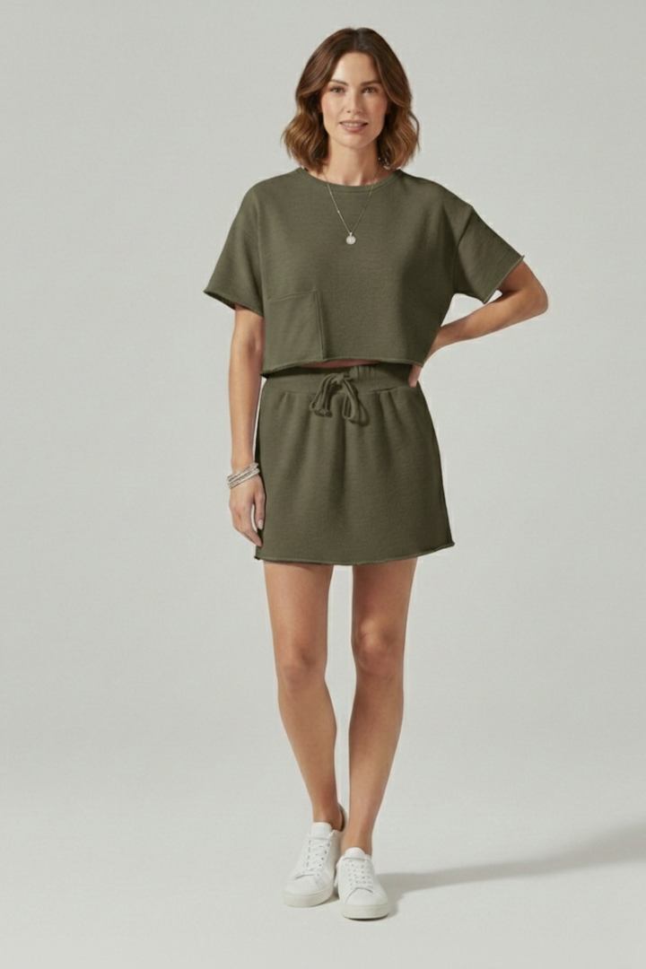 Women’s Two Piece Set with Short Sleeves and Drawstring Skirt