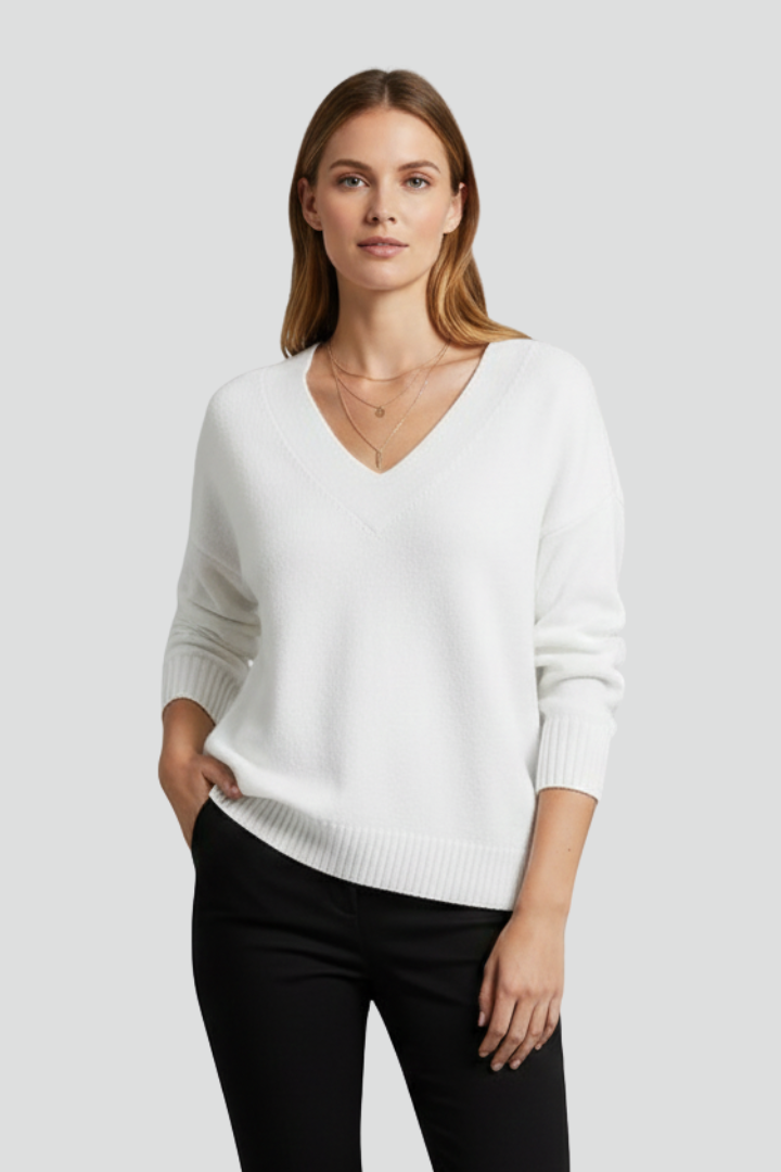 Women’s V-Neck Jumper with Long Sleeves and Plain Surface