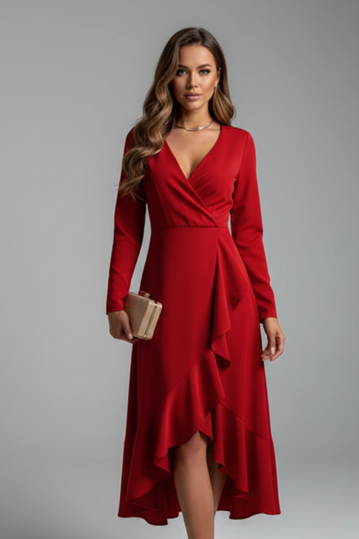Women’s Wrap Dress with V Neckline and Long Sleeves