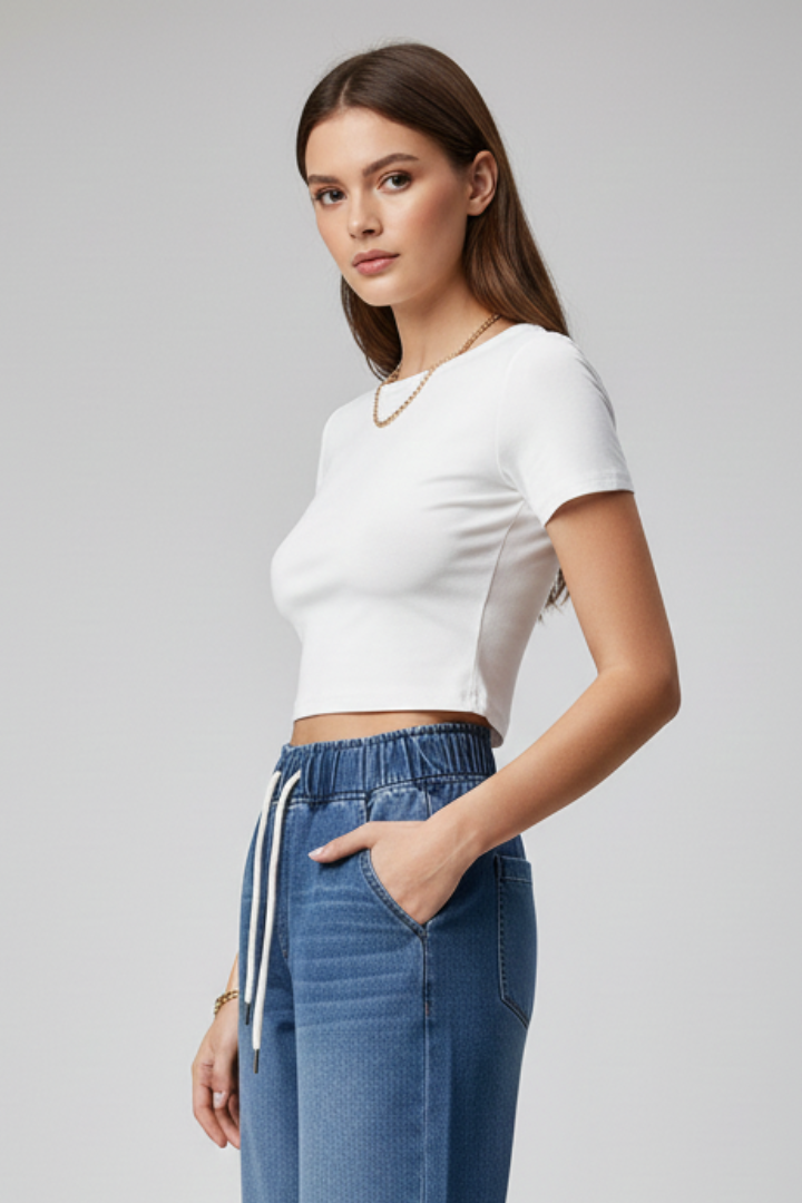Women’s Wide-Leg Trousers with Elastic Waistband and Woven Surface