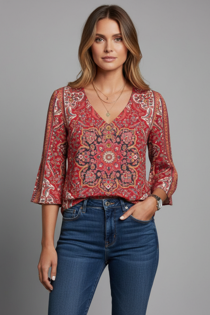 Women’s Blouse with V-Neckline and Sleeves Shaped for a Widened Drape