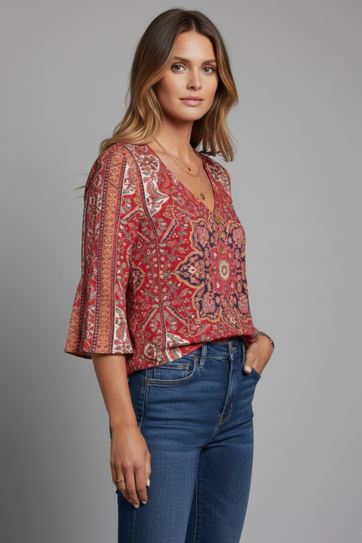 Women’s Blouse with V-Neckline and Sleeves Shaped for a Widened Drape