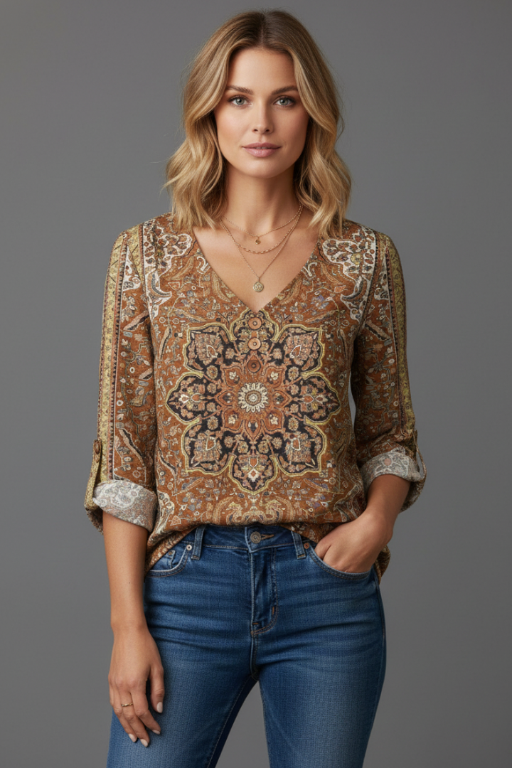 Women’s Blouse with V-Neckline and Sleeves Shaped for a Widened Drape