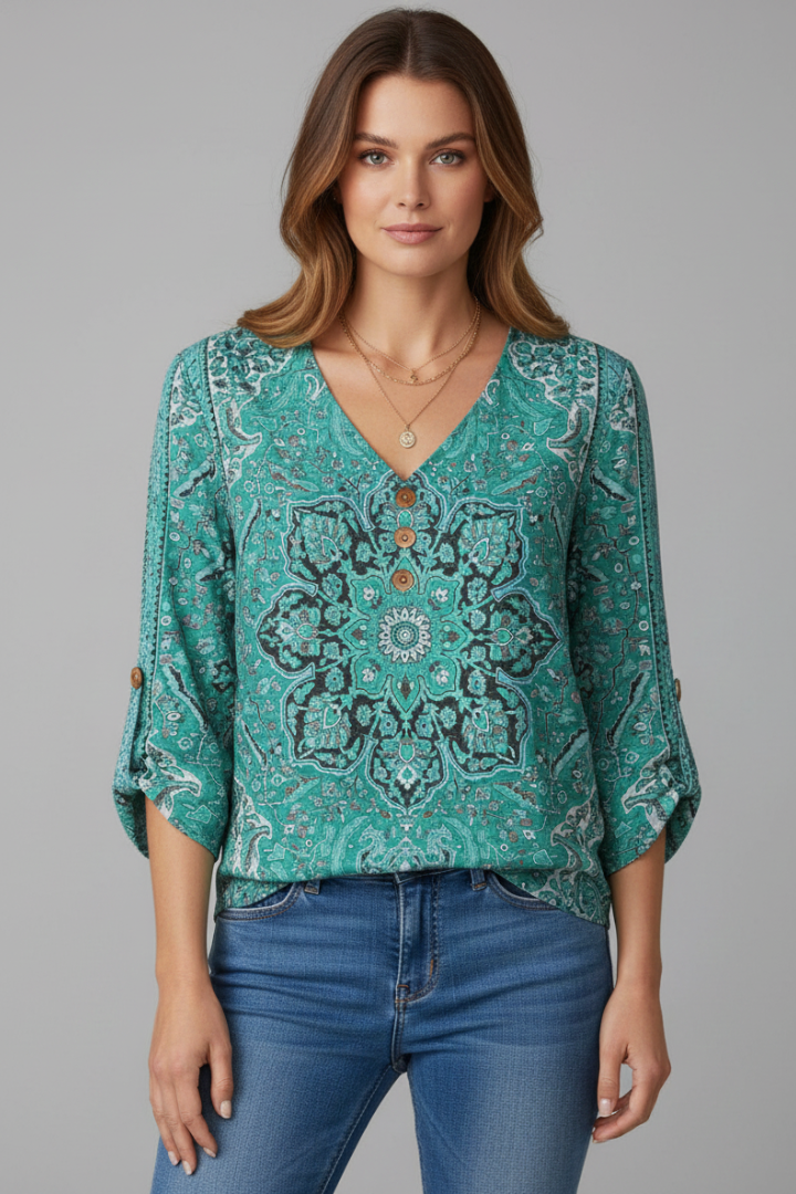 Women’s Blouse with V-Neckline and Sleeves Shaped for a Widened Drape
