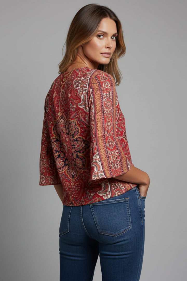 Women’s Blouse with V-Neckline and Sleeves Shaped for a Widened Drape