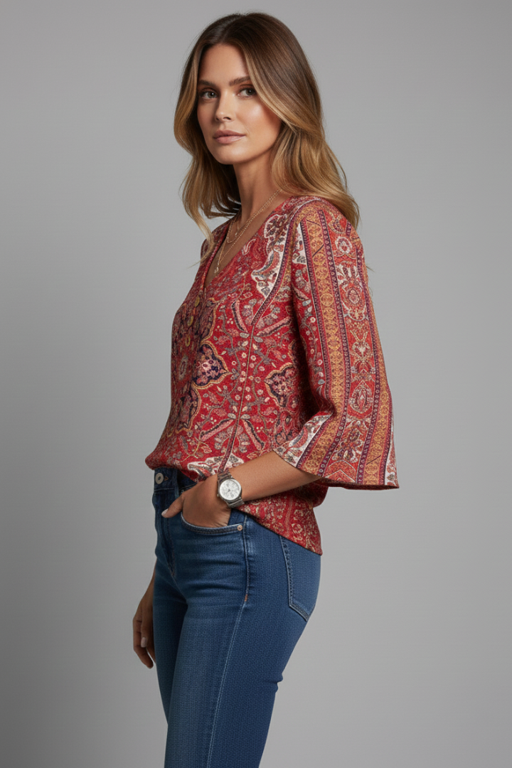 Women’s Blouse with V-Neckline and Sleeves Shaped for a Widened Drape