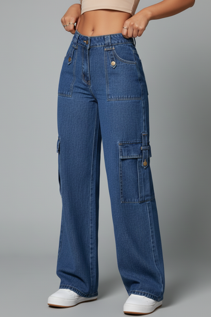Women’s Cargo Trousers with Pockets and Woven Surface