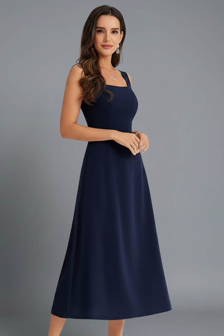 Women’s midi dress with square neckline and shoulder straps