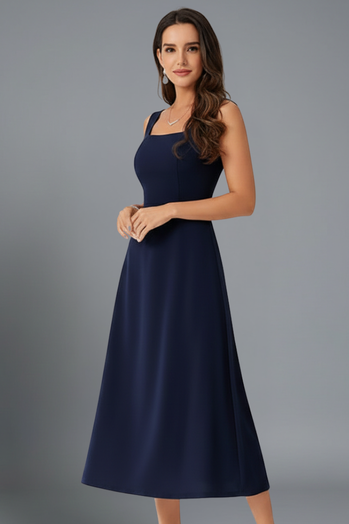 Women’s midi dress with square neckline and shoulder straps