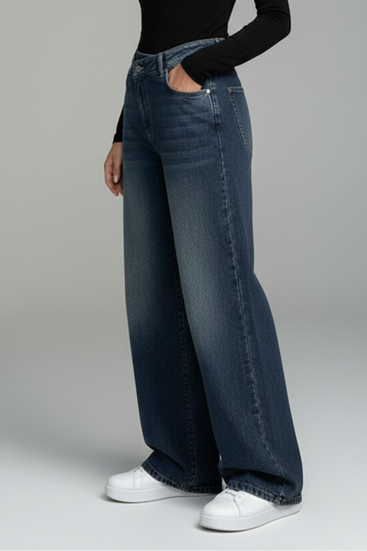 Women’s Straight-Leg Trousers with Washed Finish and Plain Surface