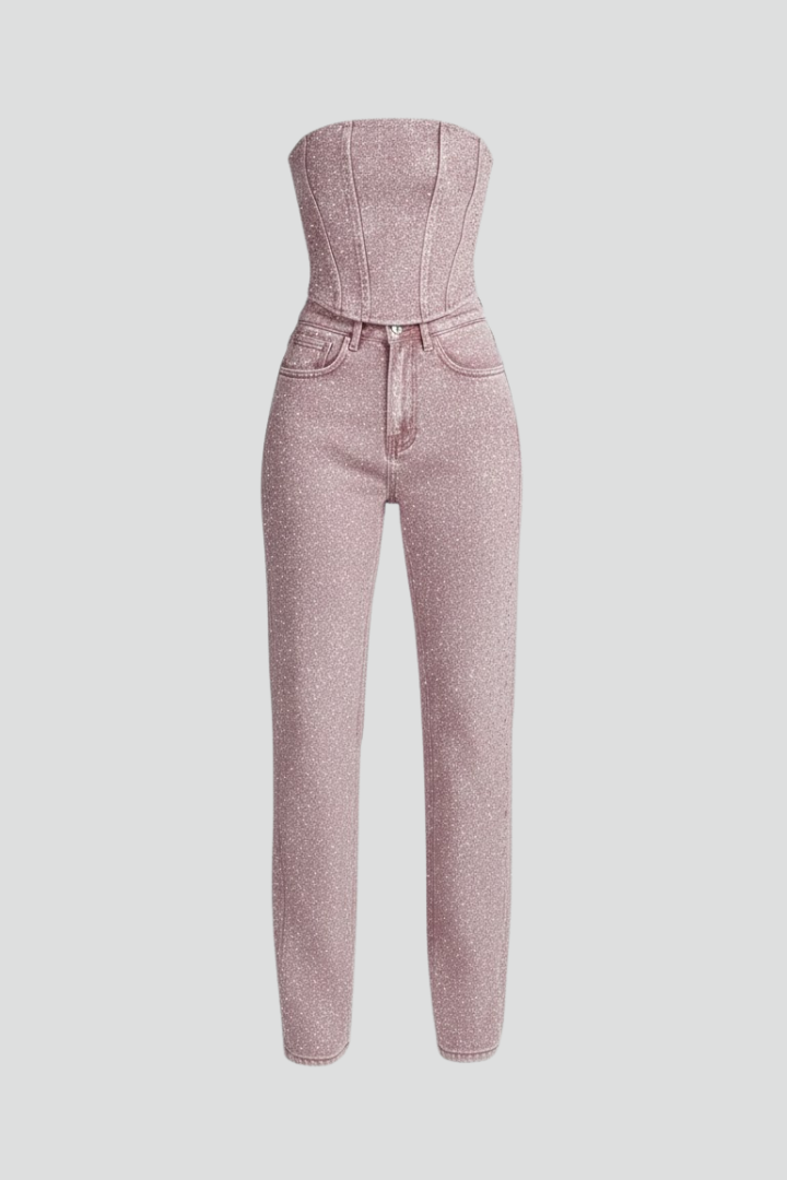 Women’s Strapless Top with High-Waisted Trousers Set